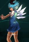  blue_eyes blue_hair cirno conabe dress hair_ribbon hands_clasped ice legs looking_back open_mouth own_hands_together panties panty_pull profile realistic ribbon short_hair short_sleeves solo standing touhou underwear white_panties wind wings 