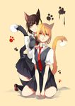  absurdres animal_ears aqua_eyes blonde_hair blush brown_hair cat_ears cat_tail highres kemonomimi_mode multiple_girls necktie original school_uniform short_hair skirt tail thighhighs tsukimoto_aoi yellow_eyes zettai_ryouiki 