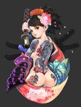  armor ass ass_support breasts brown_eyes brown_hair cameo comb flower full_body_tattoo hair_flower hair_ornament japanese_armor japanese_clothes katana large_breasts lips looking_back momohime momohime_(hitodama) muuten nude oboro_muramasa petals ponytail sheath short_hair shoulder_armor sideboob sode solo sword tattoo unsheathing weapon wide_hips yakuza 