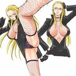  areolae black_panties breasts fishnets glasses high_kick kalifa kicking large_breasts long_sleeves mosha one_piece panties pantyshot revealing_clothes thighhighs underwear 