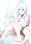  1girl bare_legs barefoot blue_eyes character_request feet highres ju_yorimoto looking_at_viewer smile toes white_hair 