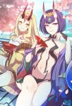  2girls black_hair blonde_hair breasts brown_hair commentary cup english_commentary fate/grand_order fate_(series) horns ibaraki_douji_(fate/grand_order) japanese_clothes kimono long_hair looking_at_viewer muki_(mayuiki) multiple_girls oni purple_eyes sakazuki shuten_douji_(fate/grand_order) small_breasts smile yellow_eyes yellow_kimono 