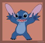  2019 4_fingers 4_toes alien black_claws black_eyes blue_fur blue_nose blue_pawpads border chest_tuft claws digital_drawing_(artwork) digital_media_(artwork) disney experiment_(species) flat_colors fur head_tuft lilo_and_stitch open_mouth open_smile pawpads raised_arm simple_background smile solo sozanek standing stitch toes tuft 