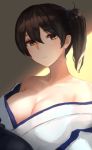  1girl bare_shoulders black_hair breasts brown_eyes brown_hair cleavage closed_mouth collarbone expressionless eyebrows_visible_through_hair female hair_between_eyes head_tilt japanese_clothes kaga_(kantai_collection) kantai_collection kimono large_breasts light looking_at_viewer neck off_shoulder open_clothes open_kimono shade shadow short_hair side_ponytail solo upper_body weasel_(close-to-the-edge) white_kimono 