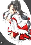  1girl artist_logo black_hair brown_eyes chize feet_out_of_frame hair_tie hakama high_ponytail japanese_clothes kantai_collection kariginu long_hair long_sleeves multi-tied_hair nisshin_(kantai_collection) okobo open_mouth red_hakama red_ribbon ribbon ribbon-trimmed_sleeves ribbon_trim short_eyebrows solo standing standing_on_one_leg thick_eyebrows very_long_hair white_legwear wide_sleeves 