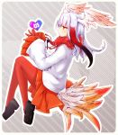  1girl akino_coto bangs bird_tail blunt_bangs feather-trimmed_sleeves fur_collar gloves head_wings heart highres japanese_crested_ibis_(kemono_friends) kemono_friends long_hair multicolored_hair orange_eyes pantyhose pleated_skirt red_gloves red_legwear skirt white_hair 