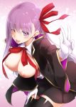  1girl bangs bb_(fate)_(all) blush boots breasts coat eyebrows_visible_through_hair fate/grand_order fate_(series) gloves hair_ribbon hand_up kurikara large_breasts long_hair long_sleeves looking_at_viewer neck_ribbon nipples one_eye_closed open_clothes purple_eyes purple_hair red_ribbon ribbon sidelocks skirt solo thigh_boots thighhighs tongue tongue_out v white_gloves wide_sleeves wing_collar 