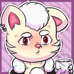  2019 angry anthro clothing coat cup digital_media_(artwork) ear_piercing ear_ring felid feline fur hair male mammal piercing pink_nose red_eyes solo sparkles tahgoomy teeth white_hair 