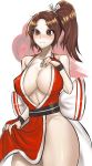  1girl absurdres bare_shoulders blush breasts brown_eyes brown_hair cleavage erect_nipples eress fatal_fury hair_ribbon highres large_breasts long_hair ponytail ribbon shiranui_mai solo thick_thighs thighs 