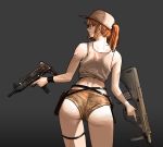  1girl absurdres ass assault_rifle brown_eyes brown_hair bullpup cowboy_shot crop_top fio_germi glasses gun hat highres holster imi_uzi looking_back metal_slug ponytail rifle seriousman short_shorts shorts simple_background snk solo steyr_aug submachine_gun tank_top thigh_strap weapon 