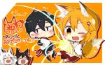  1boy 3girls animal_ear_fluff animal_ears bangs black_hair blonde_hair blush bouquet braid brown_hair business_suit chibi commentary crying flower formal fox_ears fox_tail full_body hair_between_eyes hair_flower hair_ornament japanese_clothes long_sleeves miko multiple_girls nakano_(sewayaki_kitsune_no_senko-san) one_eye_closed open_mouth orange_background oversized_object party_popper rimu-chan_(rimukoro) senko_(sewayaki_kitsune_no_senko-san) sewayaki_kitsune_no_senko-san shirakami_fubuki shirakami_fubuki_(artist) signature skin_fang streaming_tears suit tail tears virtual_youtuber white_hair wide_sleeves yellow_eyes 