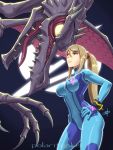  2018 alien blonde_hair bodysuit breasts clothing dragon duo eye_contact female hair hi_res human looking_at_another male mammal metroid nintendo open_mouth polarityplus ridley samus_aran scalie sharp_teeth signature size_difference skinsuit teeth tight_clothing tongue video_games wings 