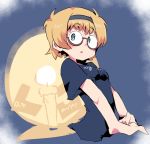 1girl aqua_eyes black_shirt blonde_hair blush breasts candle cropped_torso eyebrows_visible_through_hair freckles glasses glowing hairband hys-d little_witch_academia lotte_jansson parted_lips print_shirt round_eyewear semi-rimless_eyewear shirt short_hair short_sleeves small_breasts solo under-rim_eyewear upper_body 