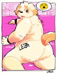  2018 after_sex anthro bed belly blush bmf_6666 butt canid canine canis cum cum_on_butt cusith domestic_dog humanoid_hands male mammal nem one_eye_closed overweight overweight_male solo tokyo_afterschool_summoners video_games wink 