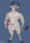  anthro balls big_balls bovid bovine cattle dbd erection facial_piercing horn male mammal muscular muscular_male nipples nose_piercing piercing septum_piercing simple_background solo standing 