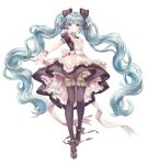  1girl alternate_costume aqua_eyes aqua_hair asahi_yuuji bangs bow dress enmaided floating_hair full_body hair_bow hatsune_miku highres long_hair maid simple_background smile solo thighhighs twintails very_long_hair vocaloid white_background 