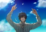  1boy aircraft airplane arms_up black_hair blue_sky cloud day hair_between_eyes highres inuyashiki long_sleeves looking_at_viewer male_focus outdoors satou6565 shishigami_hiro sky solo standing 