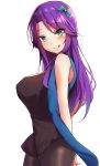 1girl abigail_(stardew_valley) aqua_bow aqua_eyes arms_behind_back bare_shoulders black_choker black_dress black_legwear blush bow breasts choker closed_mouth cowboy_shot dress erect_nipples eyebrows_visible_through_hair eyes_visible_through_hair from_side hair_bow highres large_breasts long_hair looking_at_viewer mistynight pantyhose purple_hair short_dress sleeveless_duster smile solo stardew_valley tongue tongue_out 