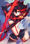  1girl :&lt; black_footwear black_hair blue_eyes boots breasts contrapposto cowboy_shot dust_cloud hair_between_eyes highres holding holding_weapon kill_la_kill looking_at_viewer matoi_ryuuko medium_breasts miniskirt multicolored_hair pleated_skirt red_hair revealing_clothes scissor_blade short_hair skirt solo sparkle streaked_hair strikderp suspenders sweatdrop thigh_boots thighhighs two-tone_hair underboob weapon zettai_ryouiki 