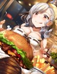  1girl :q bangs bare_shoulders black_ribbon blush braid breasts casual cheese chips cleavage collarbone commentary dress dutch_angle english_commentary eyebrows_visible_through_hair food framed_image girls_frontline hair_ribbon hamburger hands_up highres indoors large_breasts lettuce licking_lips light lolicept long_hair night plant potted_plant red_eyes ribbon ribbon-trimmed_dress signature silver_hair sitting smile solo spas-12_(girls_frontline) tomato tongue tongue_out tray twintails window 