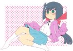  1girl bangs blue_hair blue_skirt blush bow child collared_shirt constanze_amalie_von_braunschbank-albrechtsberger eyebrows_visible_through_hair eyes_visible_through_hair full_body glasses green_eyes hair_bow hys-d little_witch_academia long_hair long_sleeves pink_sweater pleated_skirt ponytail red_bow shirt shirt_tucked_in skirt sleeves_past_fingers sleeves_past_wrists socks solo sweater very_long_hair white_legwear white_shirt 