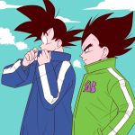  2boys =3 adjusting_clothes adjusting_collar black_eyes black_hair blue_coat blue_sky breath cloud cloudy_sky coat commentary_request covering covering_mouth day dragon_ball dragon_ball_super_broly expressionless fingernails frown green_coat hand_in_pocket light_smile looking_away looking_down male_focus multiple_boys outdoors pesogin profile sky smile son_gokuu spiked_hair standing steam upper_body vegeta winter winter_clothes winter_coat 