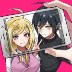  1boy 1girl ahoge akamatsu_kaede black_hair blonde_hair blush breasts camera cellphone collared_shirt danganronpa eyebrows_visible_through_hair eyelashes hair_ornament holding holding_phone light_blush long_sleeves looking_at_viewer musical_note musical_note_hair_ornament musical_note_print necktie new_danganronpa_v3 pale_skin phone pinstripe_pattern reaching_out saihara_shuuichi school_uniform self_shot shirt short_hair simple_background smartphone smile striped sweatdrop sweater_vest taking_picture tyyni v white_shirt yellow_eyes 