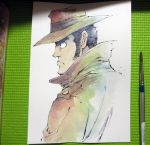  1boy agahari back black_hair brown_coat brush closed_mouth coat commentary fedora from_behind from_side hat lupin_iii photo profile sideburns simple_background solo traditional_media trench_coat upper_body watercolor_(medium) white_background zenigata_kouichi 