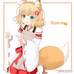  1girl animal_ear_fluff animal_ears apron bangs blonde_hair blush brown_apron brown_hairband character_name chestnut_mouth child collarbone commentary_request cosplay eyebrows_visible_through_hair fake_animal_ears flower fox_ears fox_girl fox_shadow_puppet fox_tail geta gochuumon_wa_usagi_desu_ka? green_eyes hair_flower hair_ornament hairband hakama japanese_clothes kimono kirima_sharo kneeling long_hair long_sleeves miicha orange_background parted_lips red_flower red_hakama ribbon-trimmed_sleeves ribbon_trim senko_(sewayaki_kitsune_no_senko-san) senko_(sewayaki_kitsune_no_senko-san)_(cosplay) sewayaki_kitsune_no_senko-san socks solo tail twitter_username two-tone_background white_background white_kimono white_legwear wide_sleeves 