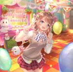  1girl 493water :d animal_ears arms_up bag balloon bangs basket blue_eyes bow bowtie breasts brown_hair bunny_ears contrapposto cowboy_shot double_v easter_egg egg fake_animal_ears hair_bow hairband handbag kiosk light_particles long_sleeves looking_at_viewer love_live! love_live!_sunshine!! medium_breasts miniskirt open_mouth petals plaid plaid_skirt shirt short_hair skirt smile solo striped striped_neckwear stuffed_animal stuffed_bunny stuffed_toy sweater_vest swept_bangs tile_floor tiles untucked_shirt v watanabe_you white_shirt 