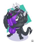  anthro boosterpang bulge clothed clothing dragon erection horn huge_muscles humanoid_penis hyper hyper_penis looking_at_viewer male muscular muscular_male nipple_piercing nipples pecs penis piercing smile solo standing 