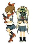  2girls blonde_hair blush_stickers boots brown_eyes brown_hair flower gas_mask gloves gun hair_flower hair_ornament handgun holding holding_gun holding_weapon multiple_girls original pistol ponytail scarf school_uniform serafuku shoes skorpion_vz._61 sneakers submachine_gun trigger_discipline twintails weapon white_background yukimoto_shuuji_(gurigura) 