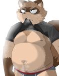  2019 anthro brown_fur canid canine clothed clothing fur gayousi7 humanoid_hands male mammal open_shirt overweight overweight_male raccoon_dog shirt simple_background solo sweat tanuki underwear white_background 