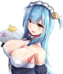  1girl :d azur_lane bangs bare_shoulders blue_hair blue_ribbon breasts clam cleavage cocktail_glass collarbone condom condom_wrapper cup drink drinking_glass erect_nipples eyebrows_visible_through_hair food fruit hair_ornament highres holding large_breasts lemon lemon_slice long_hair looking_at_viewer maid_headdress mistynight neptune_(azur_lane) open_mouth orange_eyes ribbon saucer see-through smile solo two_side_up upper_body 