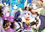  4girls animal_ears artist_request bare_shoulders blue_eyes blue_hair bow brown_eyes bunny_ears detached_sleeves dress fox_ears fox_tail hair_ornament hair_over_one_eye hat headdress horns king&#039;s_raid lavril_(king&#039;s_raid) lilia_(king&#039;s_raid) long_hair looking_at_viewer looking_up luna_(king&#039;s_raid) multiple_girls one_eye_closed open_mouth purple_eyes red_eyes requina_(king&#039;s_raid) shiny shiny_hair short_hair silver_hair smile tail very_long_hair white_hair wink 