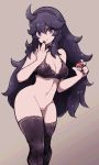  1girl @_@ ahoge bare_arms bare_shoulders black_bra black_legwear bottomless bra breasts brown_background closed_mouth creatures_(company) game_freak hairband hex_maniac_(pokemon) highres lamb-oic029 large_breasts long_hair looking_at_viewer matching_hair/eyes messy_hair nail_polish navel nintendo poke_ball poke_ball_(generic) pokemon pokemon_(game) pokemon_xy purple_eyes purple_hair smile solo thighhighs underwear 