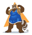 ailurid anthro boosterpang bulge clothed clothing flexing looking_at_viewer male mammal musclegut overweight overweight_male red_panda smile solo standing tight_clothing wrestling_singlet 