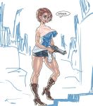  ass big_breasts biohazard boots capcom clitoris female high_heels jill_valentine lipstick makeup mungsaman nipple_bulge panties resident_evil skirt tan tanline top underwear 