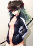  1girl absurdres alternate_costume anchor_symbol animal_ears badge bangs bear_ears blush breasts closed_mouth collarbone commentary_request cowboy_shot eyebrows_visible_through_hair eyepatch fake_animal_ears green_eyes green_hair hair_between_eyes hat highres holding holding_sword holding_weapon kantai_collection kiso_(kantai_collection) long_hair long_sleeves looking_away makura_(user_jpmm5733) naked_coat navel paw_print simple_background small_breasts solo standing sword weapon zipper 