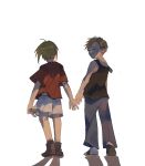  2boys ^_^ ahoge alphonse_elric arms_at_sides black_shirt brothers brown_footwear closed_eyes clothes_lift edward_elric esu_(825098897) eyes_closed facing_away fingernails full_body fullmetal_alchemist happy looking_back male_focus multiple_boys pants red_shirt shadow shirt short_sleeves shorts siblings simple_background sleeveless sleeveless_shirt smile standing standing_on_one_leg white_background younger 