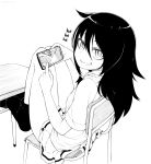  1girl black_legwear cellphone censored chair frankseven hair_between_eyes highres holding holding_cellphone holding_phone kuroki_tomoko laughing long_hair monochrome no_shoes phone pleated_skirt school_uniform short_sleeves sitting skirt smile socks solo tentacle tentacle_sex tentacles watashi_ga_motenai_no_wa_dou_kangaetemo_omaera_ga_warui! 