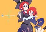  2girls age_difference breasts character_name dress glasses hair_between_eyes hat hug hys-d little_witch_academia long_hair long_sleeves looking_at_viewer multiple_girls open_mouth orange_background red_eyes red_hair shiny_chariot short_hair smile spoilers ursula_charistes witch witch_hat 