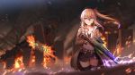  1girl assault_rifle bangs belt black_legwear blonde_hair blue_eyes blush breasts brown_coat cityscape cleavage cloud cloudy_sky coat collared_shirt destruction dust explosion eyebrows_visible_through_hair fire floating_hair girls_frontline gloves grey_skirt grin gun hair_between_eyes hair_ornament hair_ribbon headset holding holding_gun holding_weapon kalina_(girls_frontline) lightning long_hair looking_at_viewer medium_breasts night open_clothes open_coat open_mouth orange_hair pleated_skirt ribbon rifle ruins shirt side_ponytail skirt sky smile solo thighhighs torn_coat trigger_discipline untucked_shirt walking weapon white_shirt wind zi_ye_(hbptcsg2) 