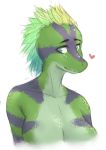  bust_portrait chameleon clothed clothing feathers female green_scales lizard loodfoks looking_at_viewer portrait purple_scales reptile scales scalie simple_background smile solo stripes topless white_background zaria_corazon 