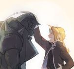  2boys :d ^_^ ahoge alphonse_elric armor bangs beige_background black_jacket black_shirt blonde_hair braid brothers closed_eyes edward_elric esu_(825098897) eyes_closed fullmetal_alchemist hand_on_hip helmet jacket leaning leaning_forward male_focus multiple_boys open_mouth outstretched_arm petting profile shirt siblings simple_background smile upper_body 