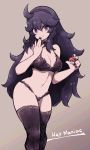  1girl @_@ ahoge bare_arms bare_shoulders black_bra black_legwear black_panties bra breasts brown_background closed_mouth creatures_(company) game_freak hairband hex_maniac_(pokemon) highres lamb-oic029 large_breasts long_hair looking_at_viewer matching_hair/eyes messy_hair nail_polish navel nintendo panties poke_ball poke_ball_(generic) pokemon pokemon_(game) pokemon_xy purple_eyes purple_hair smile solo thighhighs underwear underwear_only 