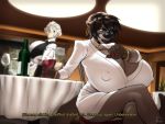  alcohol anthro badger beverage big_breasts big_nose boosterpang breasts clothed clothing dialogue duo english_text female huge_breasts hyper hyper_breasts inside jamie_(boosterpang) lips mammal mustelid musteline nipple_outline restaurant sitting text waiter wine wristwatch 
