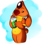 2019 absurd_res alien bendy_straw beverage brown_claws brown_eyes claws cup digital_drawing_(artwork) digital_media_(artwork) disney experiment_(species) fur heat_(lilo_and_stitch) hi_res holding_cup holding_object lilo_and_stitch navel orange_fur red_nose simple_background smile solo starryblast9 straw 