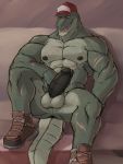  anthro anus baseball_cap black_penis boots clothed clothing crocodile crocodilian crocodylid eye_scar footwear ghangaji hat hi_res male muscular muscular_male nipples nude open_mouth partially_clothed penis perineum precum reclining reptile scalie scar solo vein veiny_penis 