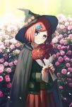  1girl bob_cut brown_eyes closed_mouth danganronpa flower hair_ornament hairclip hat highres holding looking_at_viewer new_danganronpa_v3 red_hair rose school_uniform short_hair skirt ssumbi witch_hat yumeno_himiko 